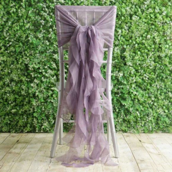 1 Set Violet Amethyst Chiffon Hoods With Ruffles Willow 250 Chair Sashes - Picture 2 of 3